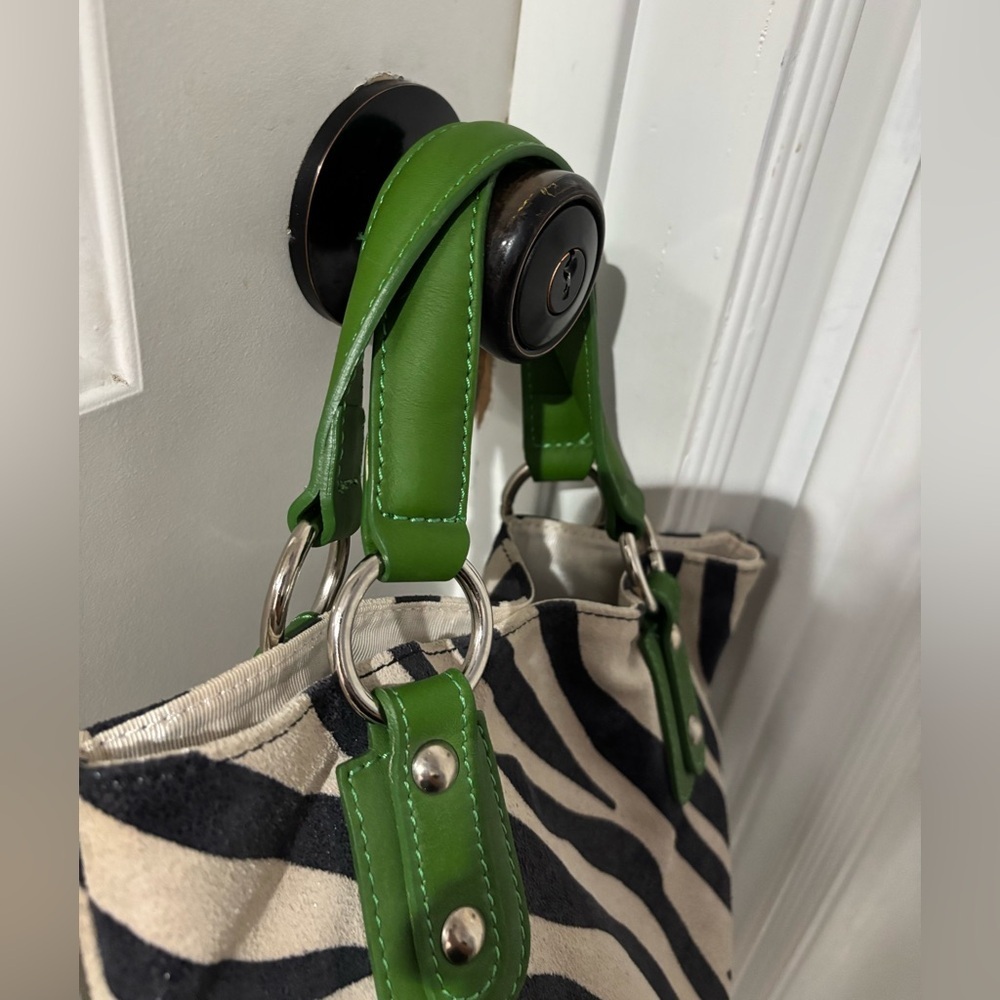 Maurizio Taiuti Zebra Print Leather Tote Bag Green Handles Made in Italy - Picture 7 of 11